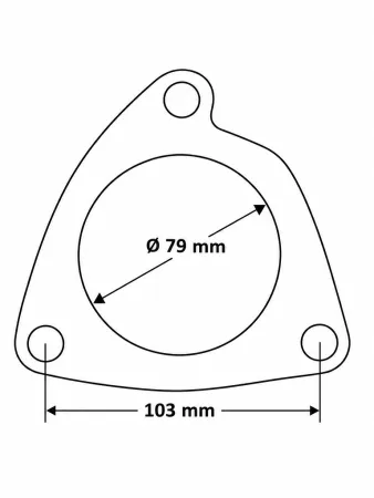 Disegno tecnico di una guarnizione triangolare a 3 fori per impianti di scarico. La guarnizione presenta tre fori di fissaggio esterni e un'apertura centrale con un diametro di 79 mm. La distanza tra i fori di fissaggio è di 103 mm.
