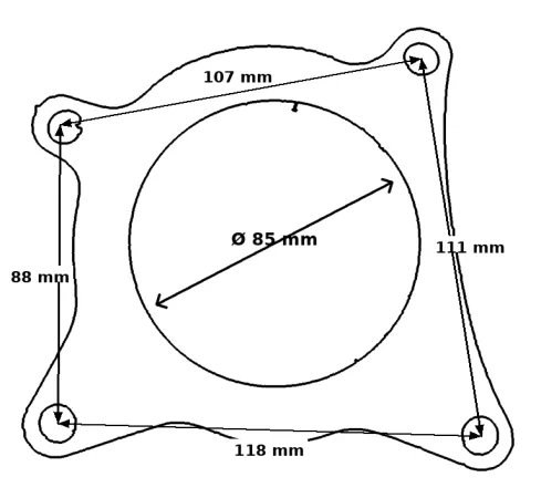Schema di una guarnizione per il downpipe 2.0 TFSI con apertura circolare (85 mm). Quattro angoli arrotondati con fori di fissaggio. Distanza tra i fori: in alto 107 mm, a destra 111 mm, in basso 118 mm, a sinistra 88 mm.