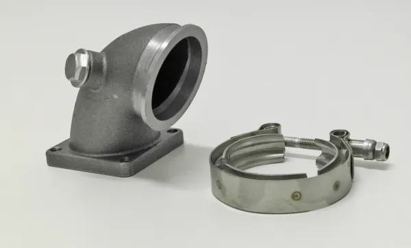 Gomito / downpipe stampato per Fiat Coupé 2.0L 16v turbo, Lancia Delta Integrale 2.0L 16v o 8v turbo da turbocompressore V-band 63,5mm a 4 fori