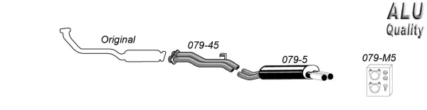 L'illustrazione mostra una rappresentazione schematica del sistema di scarico sportivo Simons in acciaio alluminato per BMW E30. Mostra le tubazioni, il silenziatore e gli accessori. Inoltre, le denominazioni dei pezzi come "079-5" e "079-M5".
