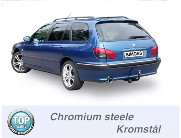 Peugeot 406 estate blu vista da dietro. Sono visibili il terminale di scarico sportivo rotondo Simons, il gancio di traino e la targa Simons. L'auto è dotata di barre sul tetto.