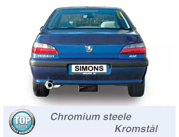 Vista posteriore di una Peugeot 406 blu, con porta targa Simons. È visibile lo scarico sportivo in acciaio cromato con terminale rotondo da 100 mm. Sono visibili gli pneumatici e le luci posteriori. Sotto l'auto c'è un'ombra scura.