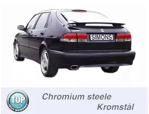 Vista posteriore di una SAAB 9-3 Coupé nera con impianto di scarico sportivo Simons. Il tubo di scappamento quadrato (70x140 mm) è chiaramente visibile. La scritta "Chromium steele Kromstål" si trova sotto il veicolo. Logo "TOP Quality" a sinistra.