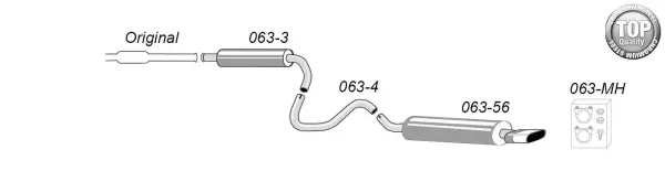 Schizzo sistema di scarico sportivo Simons per SAAB 9-3 con vari tubi e silenziatori. Terminale angolare 70x140 mm. Incluso materiale di montaggio. Sistema in acciaio cromato.