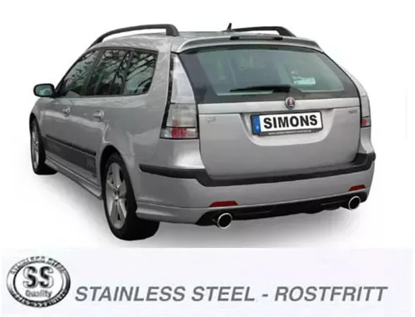 Vista posteriore di una SAAB 9-3 SportCombi argento con impianto di scarico sportivo Duplex di Simons. Targa con la scritta "Simons". Sono visibili due terminali di scarico rotondi. In basso: "Stainless Steel - Rostfritt" e logo "SS Quality".