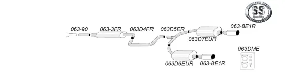 Schema dell'impianto di scarico sportivo duplex in acciaio inox Simons per SAAB 9-3 Turbo (serbatoio da 61L). Lo schema mostra i tubi, il silenziatore e i terminali, numerati e collegati. Il logo Simons è visibile nell'angolo in alto a destra.