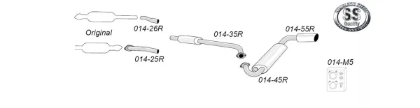 Disegno tecnico di uno scarico sportivo in acciaio inox Simons per Mazda MX-5 con le singole parti e la disposizione. Sono illustrati i tubi, i silenziatori, gli elementi di montaggio e il logo "Stainless Steel Quality".