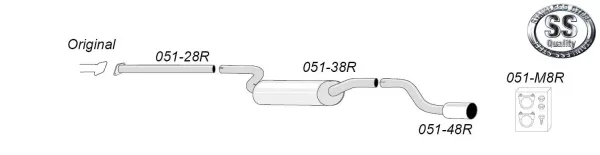 Rappresentazione schematica dell'impianto di scarico sportivo Simons per Mazda 3 MPS MK1. I singoli tubi sono etichettati con i numeri di prodotto. Include connettori, un silenziatore, un terminale e il logo Simons in acciaio inox.