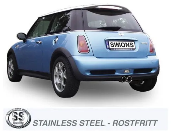Vista posteriore di una Mini Cooper S R53 blu con scarico sportivo Simons montato. Lo scarico in acciaio inox con due terminali tondi da 80 mm è posizionato al centro sotto il paraurti. La targa riporta la scritta "Simons".