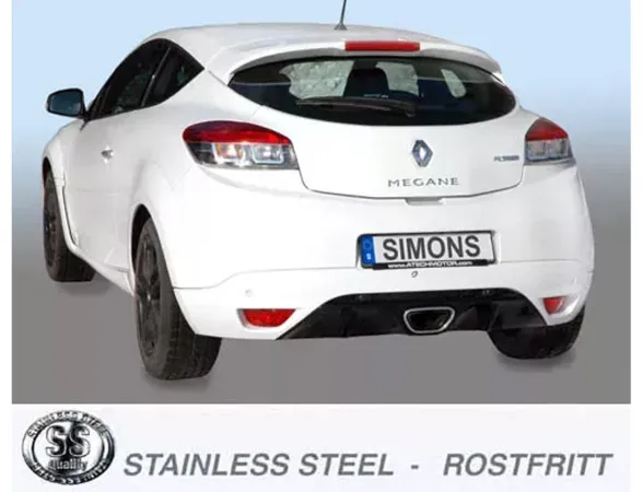 Vista posteriore di una Renault Mégane III RS bianca. La targa riporta la scritta "SIMONS". Al centro è visibile un unico terminale di scarico sportivo ovale in acciaio inox. Sotto la vettura è riportata la scritta "STAINLESS STEEL - ROSTFRITT".