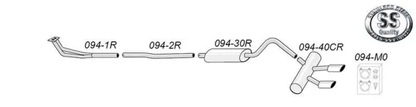 Schema di un sistema di scarico sportivo duplex Simons per Opel GT 1900 con tubazioni, silenziatore e terminale. Realizzato in acciaio inox, include materiale di montaggio. Mostrato logo qualità inox.