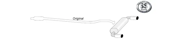 Disegno in linea dello scarico sportivo Simons per la Mazda MX-5. Il sistema consiste in un lungo tubo che si dirama in un silenziatore con due terminali da 90 mm. Viene mostrato il logo "Stainless Steel Quality".