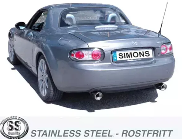 Vista posteriore di una Mazda MX-5 Coupé grigia con scarico sportivo duplex Simons. Terminali in acciaio inox da 90 mm visibili. Targa con scritta "Simons". Logo e scritta "Stainless Steel - Rostfritt" in primo piano.