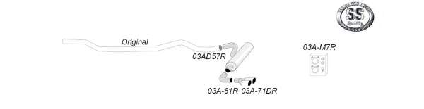 Schizzo di un sistema di scarico sportivo in acciaio inox Simons con due terminali. Il sistema è mostrato lateralmente, compresi gli elementi di montaggio. È visibile anche il logo del produttore Simons Edelstahl.