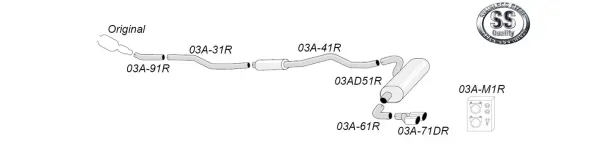 Schema del sistema di scarico sportivo Simons per BMW F30 320i/328i. L'illustrazione mostra il percorso dei tubi dalla parte posteriore ai terminali di scarico, con componenti come silenziatori e connettori. Numeri di parte annotati.