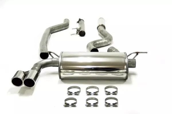 Sistema di scarico sportivo Simons in acciaio inox: silenziatore posteriore con due terminali lucidi da 80 mm, vari tubi in acciaio inox e sei fascette, su sfondo bianco. Per BMW F34 GT 320i.