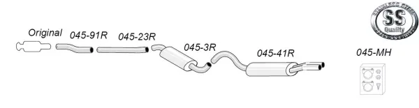 Schema del sistema di scarico sportivo Simons per Audi 80, 90, Cabrio B4 Tipo 8G. L'illustrazione mostra i componenti come tubi, silenziatore e accessori di montaggio. Doppio terminale, diametro 2x70 mm.