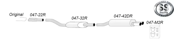 Schizzo di un sistema di scarico sportivo in acciaio inox Simons per Audi S4 Quattro C4 2.2 Turbo / 4.2 V8. Composto da vari tubi e due silenziatori. Scarico duplex 2x70 mm. Simbolo "SS Stainless Steel Quality".