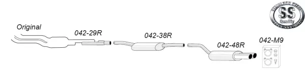 Schizzo di un sistema di scarico sportivo Simons per Audi A4 (B5) Quattro composto da diversi tubi e silenziatori in acciaio inox, numerati. Con accessori e logo "Stainless Steel Quality". Terminali: 2x80 mm.