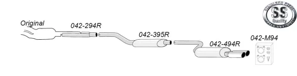 Schizzo di un sistema di scarico sportivo in acciaio inox Simons. Il sistema comprende diversi tubi e silenziatori, contrassegnati da numeri. In alto a destra il logo "SS Stainless Steel Quality". In basso a destra i materiali di assemblaggio.