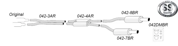 Schema di un sistema di scarico sportivo Simons Duplex in acciaio inox per Audi A6 (C5) Quattro. Il sistema include tubi, connettori e due silenziatori posteriori. Elementi numerati, materiale di montaggio incluso.
