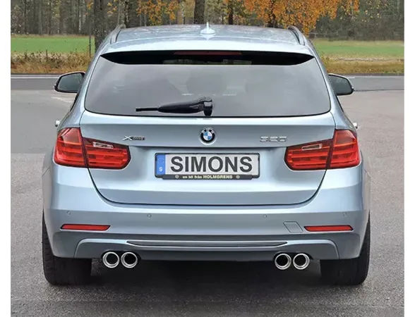 Vista posteriore di una BMW F31 Touring blu chiaro con scarico sportivo Simons Duplex. Sono visibili le luci posteriori, il lunotto con tergicristallo e i quattro terminali di scarico (80 mm ciascuno). La targa riporta il nome Simons.
