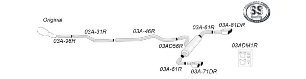 Schema di un sistema di scarico sportivo in acciaio inox Simons per BMW F30/F31, terminale duplex 2x 80 mm. Il sistema di scarico è etichettato e mostrato nei singoli elementi con i codici prodotto. Sono indicati anche gli accessori e il logo.