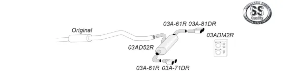 Schema del sistema di scarico sportivo duplex in acciaio inox Simons. Lo schizzo mostra i tubi con due terminali da 80 mm ciascuno e il materiale di fissaggio. Disposizione dei componenti per BMW F30.