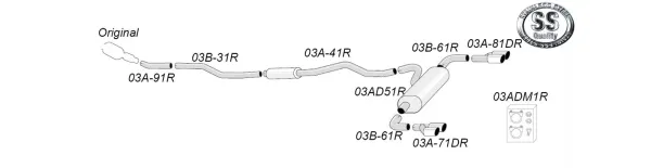 Schema di un sistema di scarico sportivo duplex in acciaio inox Simons per BMW F34 GT 320i, composto da tubi, connettori e due terminali. Il sistema reca i numeri per identificare le singole parti.