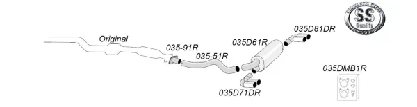 Illustrazione schematica del sistema di scarico sportivo Duplex 2x90 mm in acciaio inox Simons per BMW Serie 1 Coupé E82. Visibili tubazioni, silenziatore, due terminali e materiale di montaggio, ciascuno etichettato.