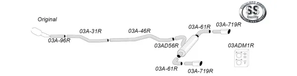 Schizzo di un sistema di scarico sportivo duplex di Simons per BMW F30, 316D, 318D, 320D, composto da tubazioni, un silenziatore e due terminali. Il sistema è realizzato in acciaio inox. È mostrato anche il materiale di fissaggio.