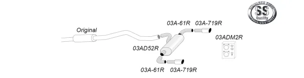 Schema di un sistema di scarico sportivo Simons Duplex per BMW F30: tubo allungato, silenziatore rettangolare e due terminali da 90 mm ciascuno. Singoli componenti con codici prodotto. Simons Logo raffigurato.