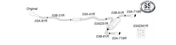 Schema di un sistema di scarico sportivo Simons Duplex da 90 mm per BMW F34 GT 320i. Tubi e silenziatore in acciaio inox numerati. Logo in alto a destra "Qualità acciaio inox". Parti di fissaggio separate nella confezione.