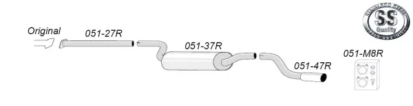 Disegno tecnico di un sistema di scarico sportivo Simons con silenziatore posteriore, tubo di collegamento e materiale di montaggio per Ford Focus RS MK1. I componenti sono numerati. È presente anche il logo Simons.
