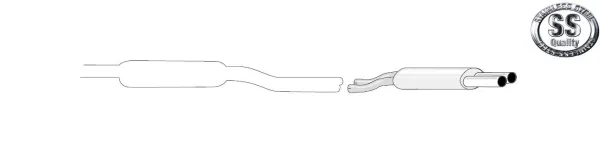Immagine di una marmitta sportiva in acciaio inox Simons per Audi A8. A sinistra un oggetto allungato con connettore, poi il silenziatore posteriore con due terminali. In alto a destra il logo con la scritta "Stainless Steel Quality".