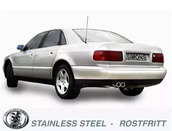 Audi A8 argento con silenziatore posteriore sportivo Simons. La vista posteriore mostra uno scarico doppio in acciaio inox sotto il paraurti. La scritta "Simons" è sulla targa. Il logo acciaio inox è visibile.