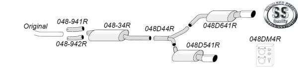 Illustrazione schematica del silenziatore sportivo Simons Duplex L+R 1x100 mm in acciaio inox per Audi A4 (B8) 2wd/Quattro. Sistema con tubi, ammortizzatori e fissaggi. Disposizione da sinistra a destra.