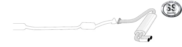 Schizzo di un silenziatore posteriore sportivo Simons per Audi S2, in acciaio inox. Due terminali di scarico collegati a un tubo verso il silenziatore. Davanti un pezzo di collegamento allo scarico. Logo "qualità acciaio inox".