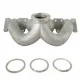 Vista dettagliata di un collettore di scarico Top-Mount 1.8T 20V BAR-TEK, in acciaio inossidabile fuso, grigio argento lucido. Quattro tubi ottimizzati conducono a un raccordo centrale a V. Tre anelli adattatori.
