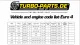 Tabella Turbo-parts.de con codici veicolo/motore per downpipe omologato ECE Euro 4. Include modelli VW, Seat, Audi e Skoda 1.8T: anni di produzione, codici motore, potenza kW e compatibilità OBD.