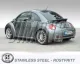 Vista posteriore di un New Beetle grigio con sistema di scarico sportivo Simons montato. L'impianto è dotato di due terminali, ciascuno con un diametro di 80 mm. La targa dell'auto riporta la dicitura "Simons". Sono visibili elementi in acciaio inox.