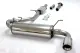 Su sfondo bianco è raffigurato un set di scarichi sportivi in acciaio inox Simons per Mazda MX-5. In primo piano un grande silenziatore posteriore lucido con uscita da 100 mm, con tubi e staffe di montaggio.