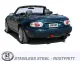Vista posteriore di una Mazda MX-5 cabrio blu con scarico sportivo in acciaio inox Simons (terminale da 100 mm). Targa con "Simons" e bandiera svedese. Logo sotto "Stainless Steel - Rostfritt".