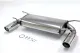 Uno scarico sportivo in acciaio inox Simons lucido per Mazda MX-5, Miata. Il design del terminale duplex con 90 mm + 90 mm è chiaramente visibile. Sono inclusi viti, dadi e un morsetto. Lo scarico si trova su uno sfondo bianco.