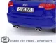 Vista posteriore di un'Audi A3 Sportback blu con scarico sportivo in acciaio inox Simons. Terminali duplex (2x80 mm) visibili a sinistra e a destra. Targa con "Simons". Logo e testo "ACCIAIO INOX - SENZA RUGGINE".
